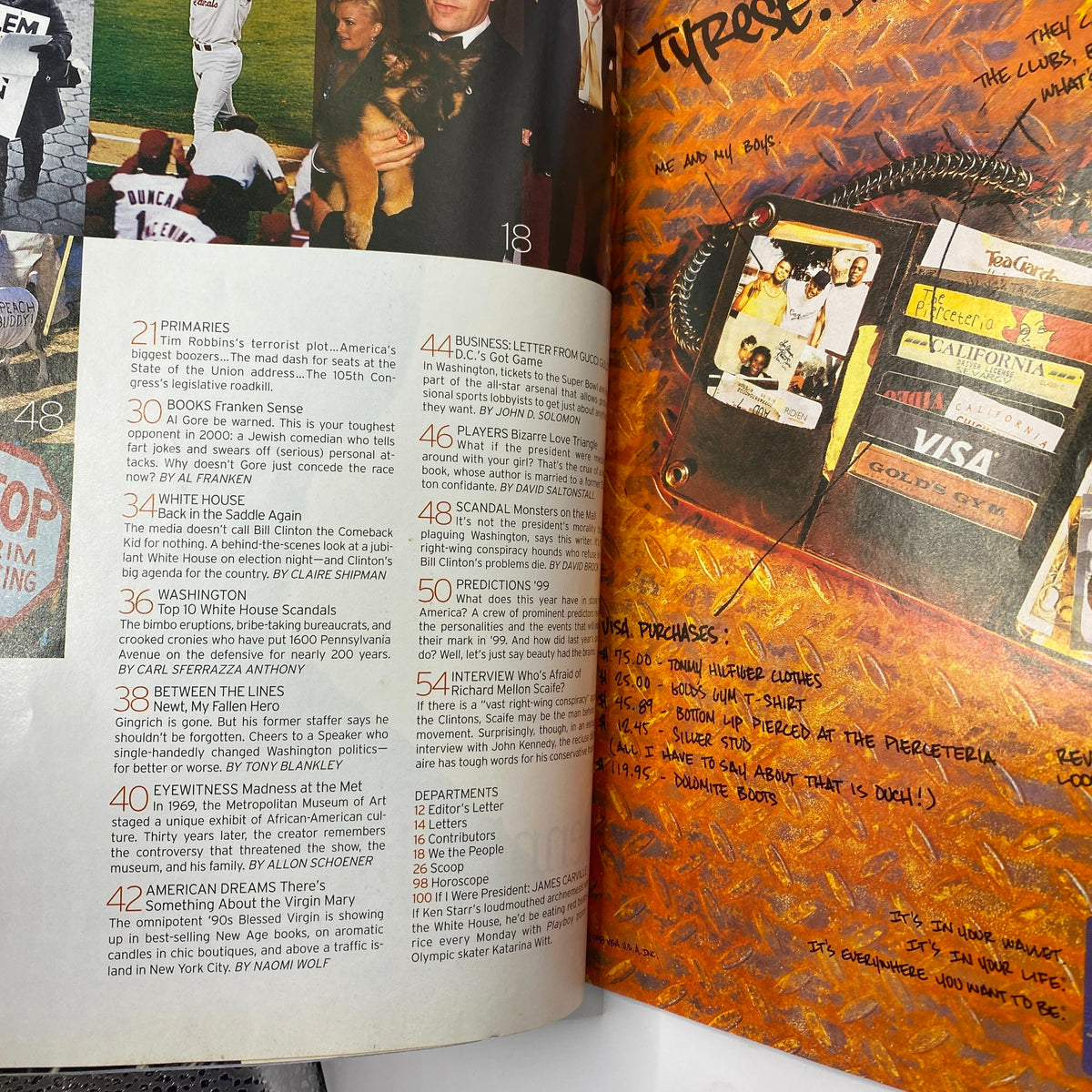 Another page from George Magazine January 1999 highlighting various topics and features, including cultural commentary, ideal for collectors and fans of vintage publications.