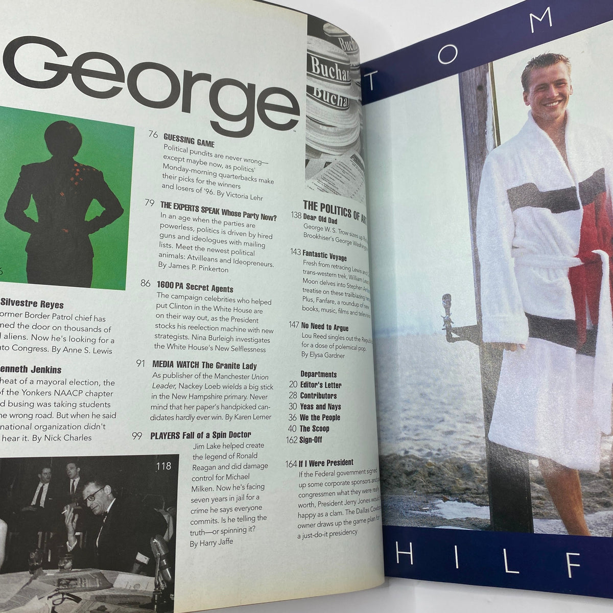 Inside page of George Magazine February - March 1996 with various articles and the title prominently displayed. The page includes a Tom Hilfiger feature and insights on political themes.