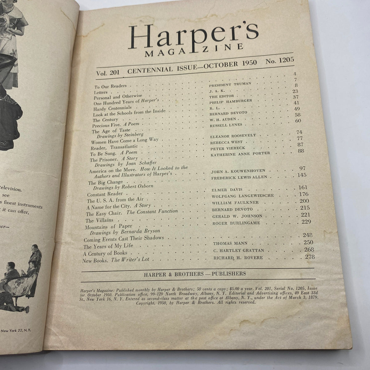 Table of contents from Harper's Magazine October 1950, Volume 201, Number 1205 Centennial Issue, showcasing featured articles and contributors.