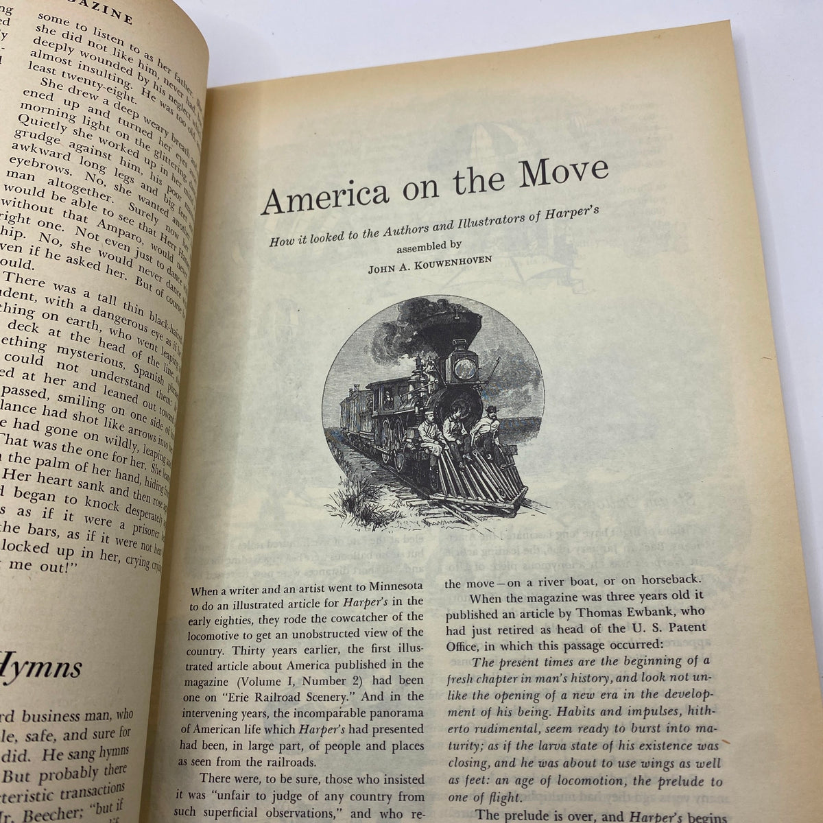 Article page 'America on the Move' from Harper's Magazine October 1950, Illustrated with a vintage train image, expressing themes of progress.