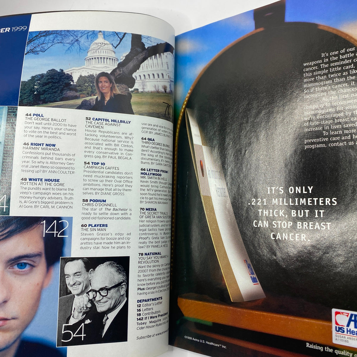 Another inside page of George Magazine November 1999 displaying articles on political topics and photography, reflecting the magazine's cultural significance during the late 1990s.