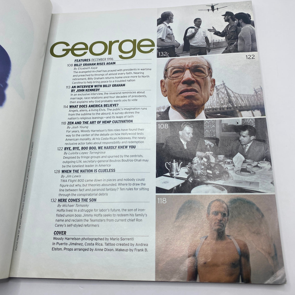 Interior page from George Magazine December 1996, featuring various articles including the cover story with Woody Harrelson and a focus on political and cultural commentary.