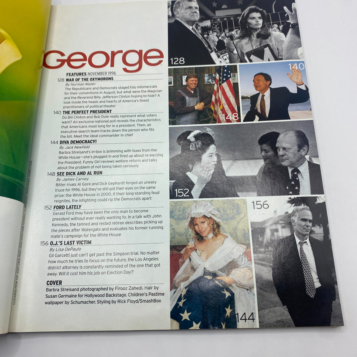 Inside layout of George Magazine November 1996 featuring articles on politics and celebrity, including Barbra Streisand's cover story.