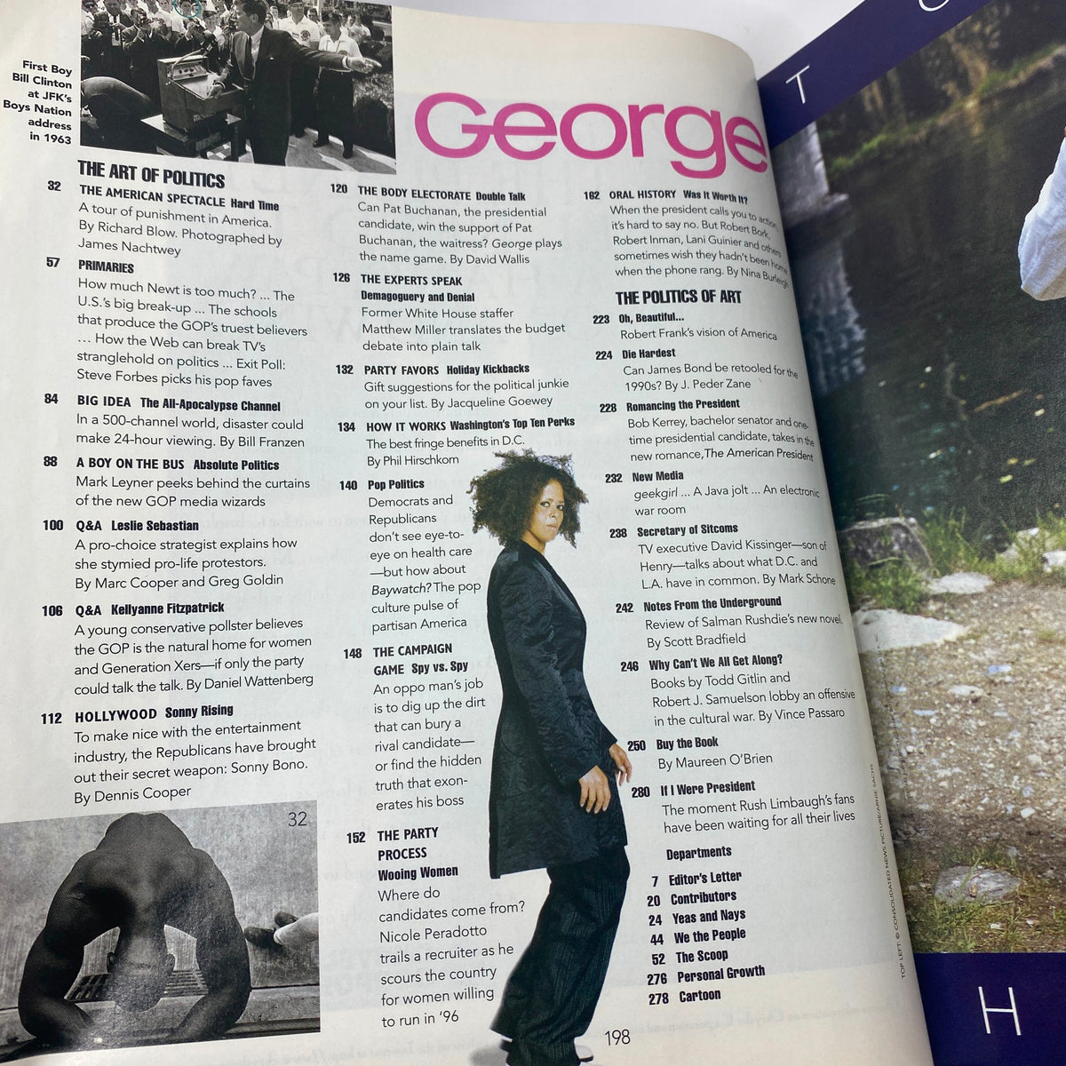 Another interior page of George Magazine December - January 1996, detailing articles on politics and pop culture events.