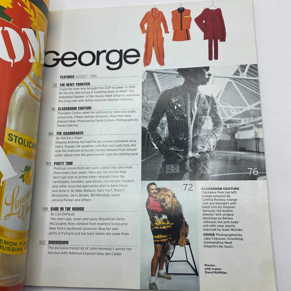 Inside page of George Magazine August 1996 featuring Newt Gingrich cover and articles exploring political fashion and history.