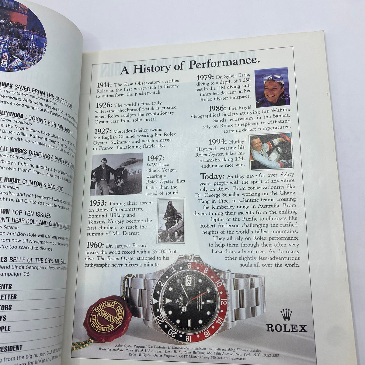 Another page from George Magazine August 1996 emphasizing a timeline of Rolex history alongside relevant political articles.