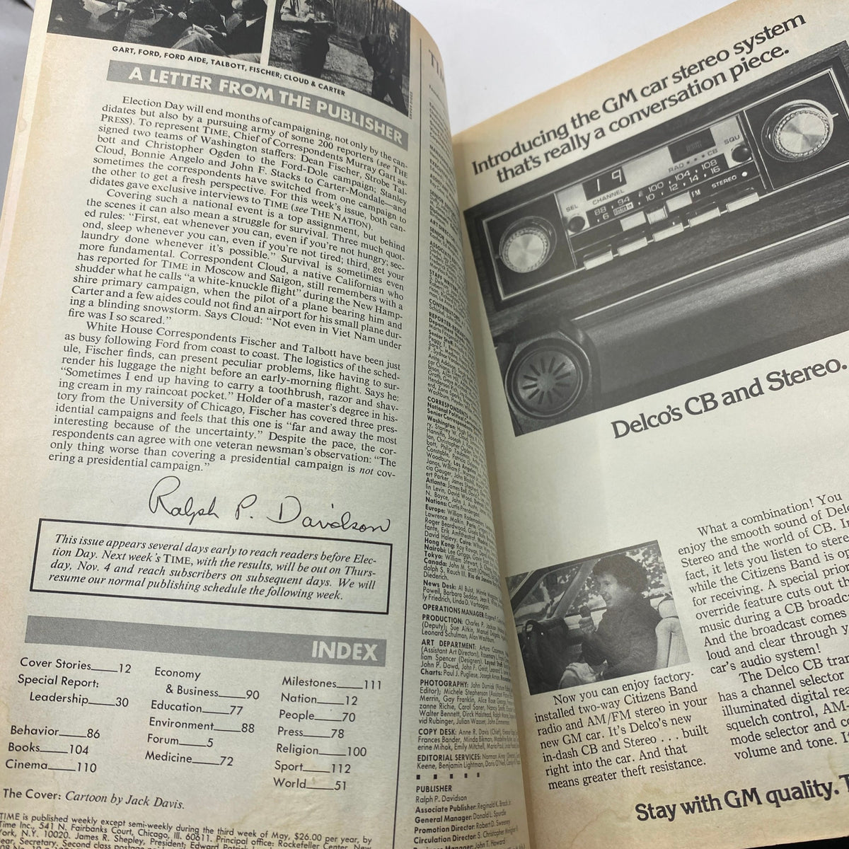 Interior pages of VTG Time Magazine November 8, 1976 showing a letter from the publisher and a product advertisement, highlighting the magazine's historical significance during the 1976 presidential campaign.