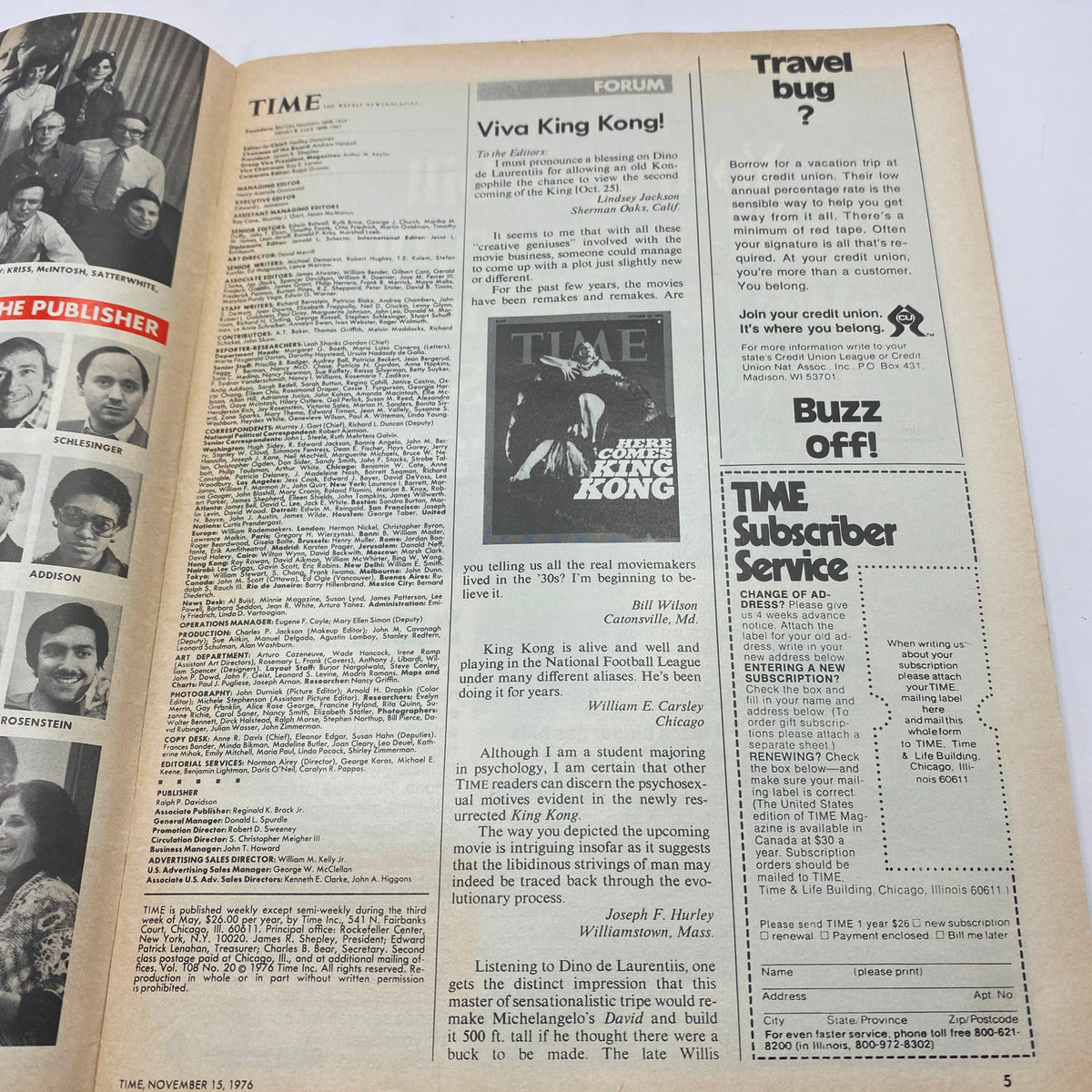 Interior page of VTG Time Magazine November 15, 1976, showcasing letters to the editor, including commentary on cultural topics.