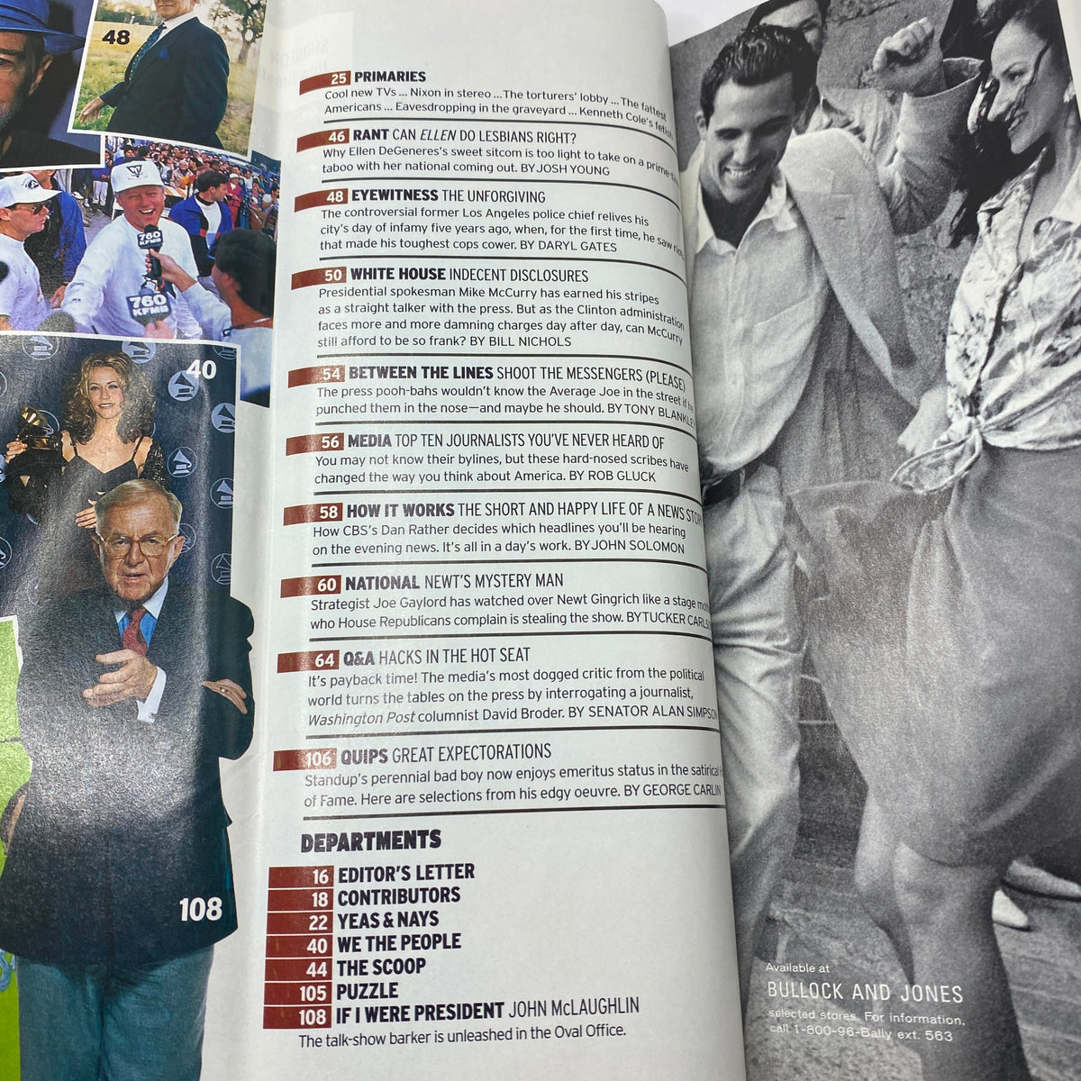 Page from George Magazine May 1997 featuring articles and content related to prominent figures like Katie Couric, Colin Powell, and Rush Limbaugh. The issue highlights notable political and media discourse.