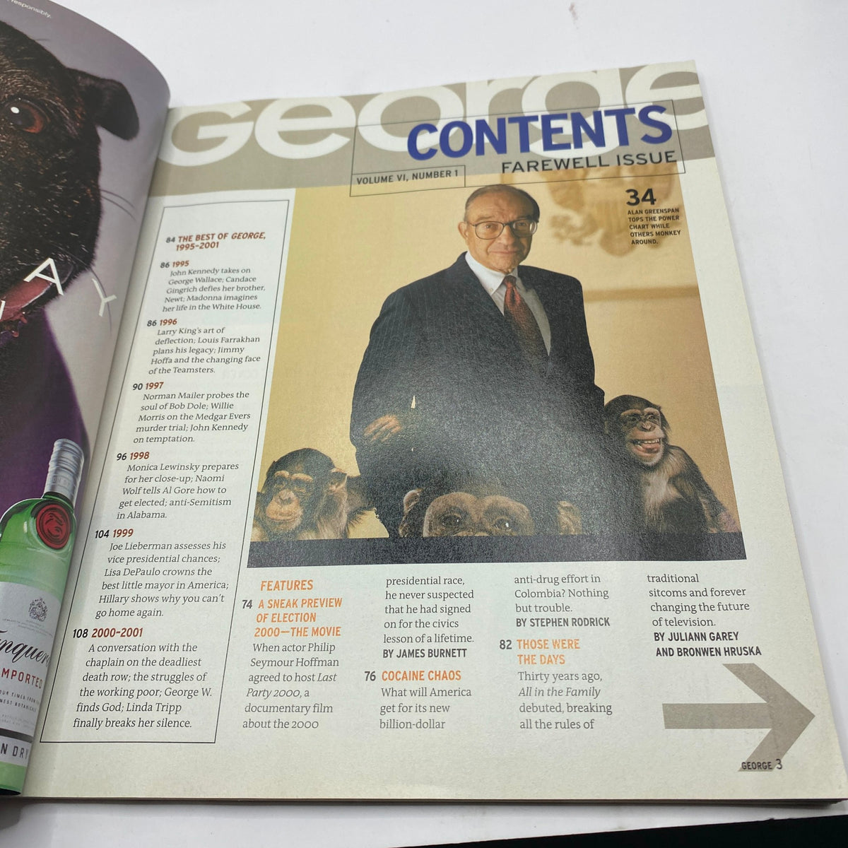 George Magazine May 31, 2001 John F. Kennedy Jr. Farewell Issue featuring a content page with a photo of a man with chimpanzees, symbolizing the magazine's unique blend of politics and celebrity.
