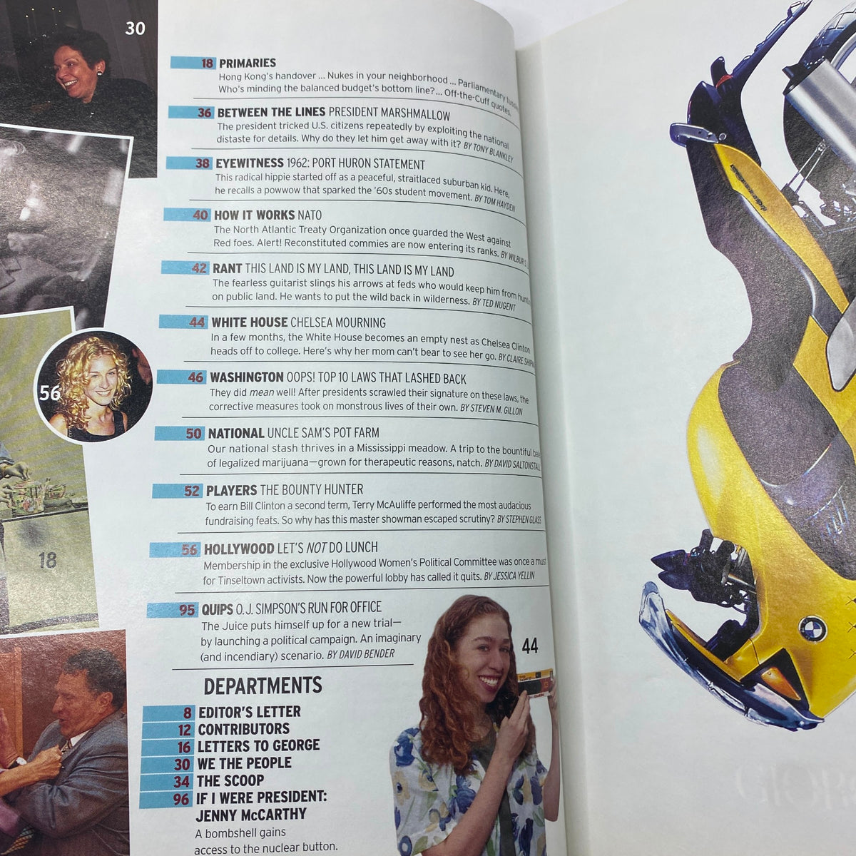 Inside page of George Magazine July 1997, showcasing articles and highlights including 'White House Chelsea Mourning' and 'Washington Oops! Top 10 Laws That Lashed Back', emphasizing its blend of politics and culture.