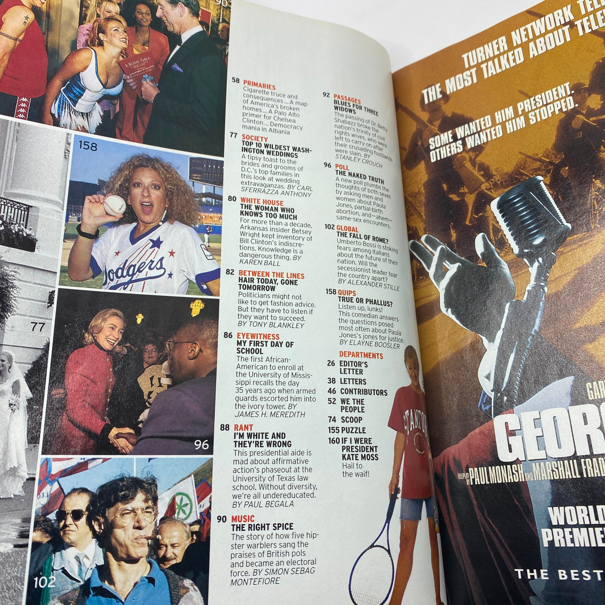 Interior page of George Magazine September 1997 featuring articles and sections, including an image of a woman at a baseball game, highlighting the magazine's blend of politics and pop culture as seen in the issue with Kate Moss on the cover.