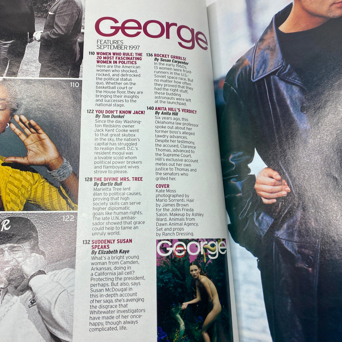 Another interior page of George Magazine September 1997 showcasing feature articles and the cover mention of Kate Moss, reflecting on the cultural zeitgeist of the late 90s.