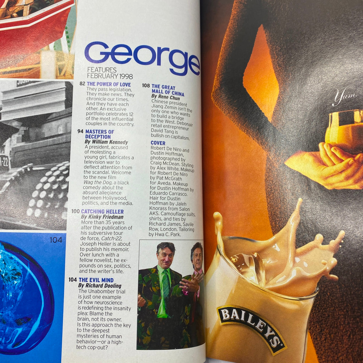 Inside page of George Magazine February 1998 showcasing features on Robert De Niro and Dustin Hoffman, highlighting the cultural significance of the issue.