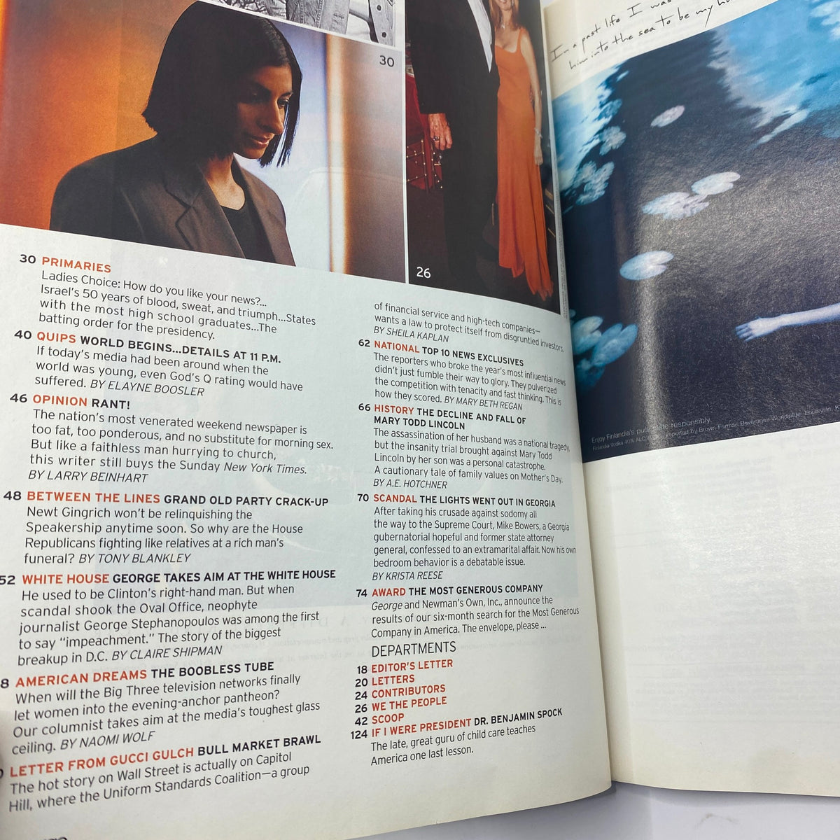 Inside look at George Magazine May 1998, displaying various articles and visual features related to politics and culture, embodying the essence of the 90s media landscape.