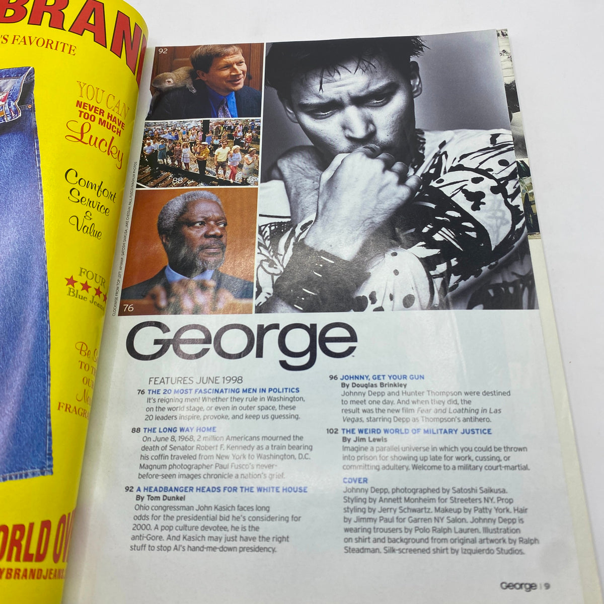 Inside page of George Magazine June 1998, highlighting articles and features, including Johnny Depp's photo shoot, valuable for vintage magazine enthusiasts.