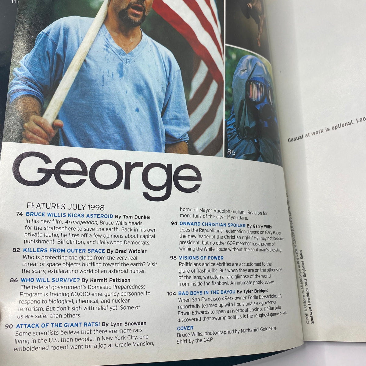 Inside page of George Magazine July 1998 featuring Bruce Willis, includes articles like 'Bruce Willis Kicks Asteroids' and 'Who Will Survive?' highlighting popular culture and current events.