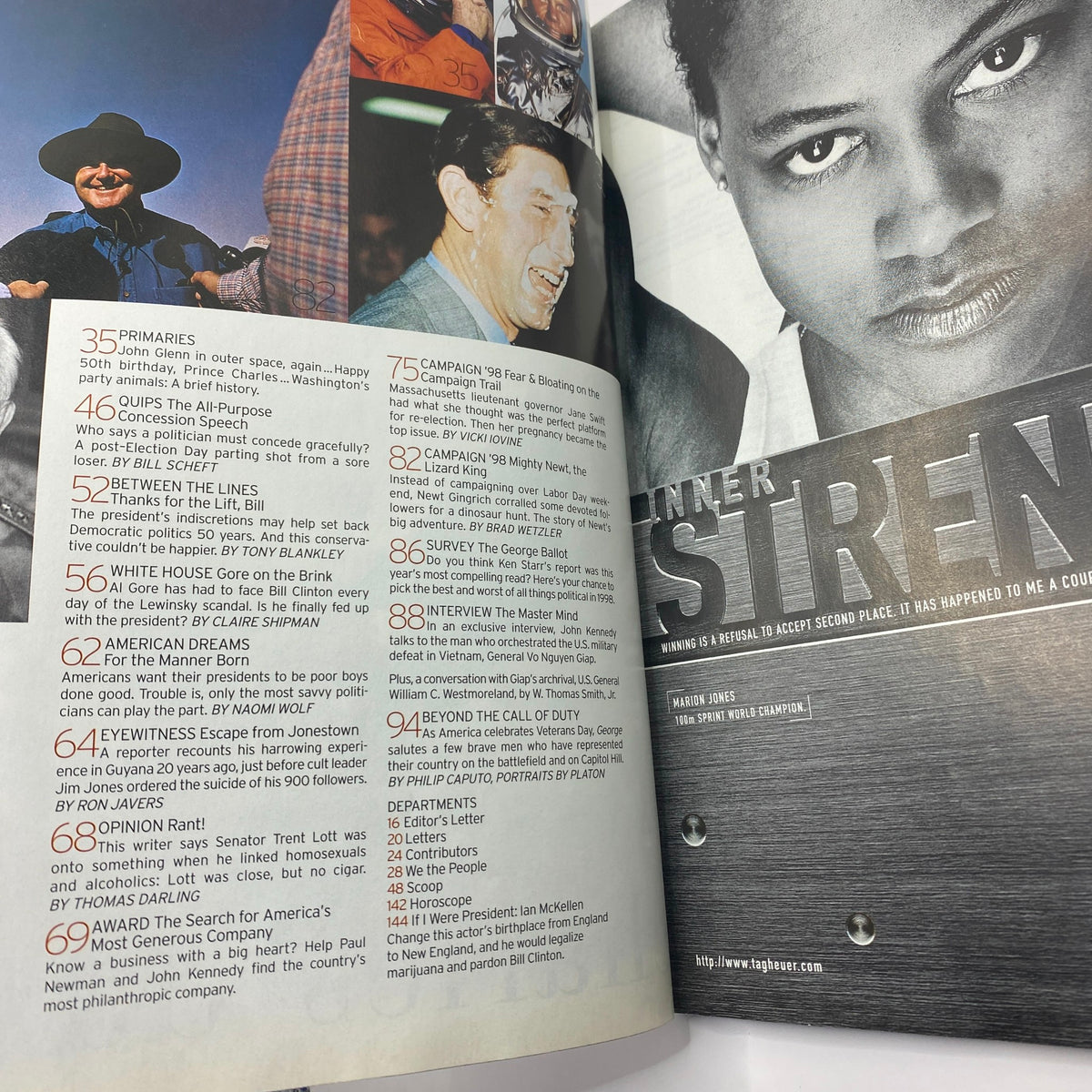 Interior page of George Magazine November 1998 that includes various articles and features alongside an interview with Peter Jennings. The layout presents the magazine's diverse topics.