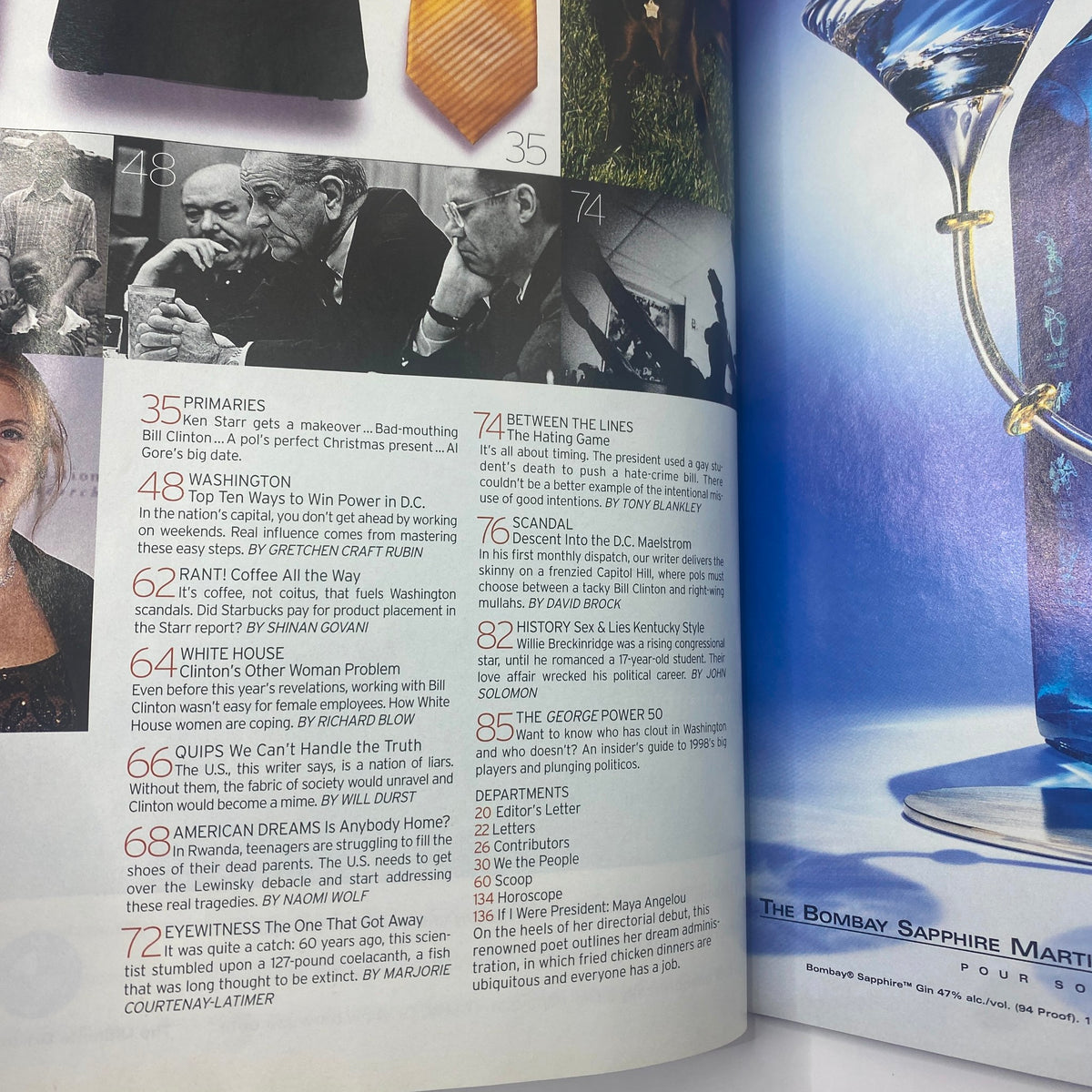 Internal pages of George Magazine December 1998, showcasing articles about political influence and celebrities, including the George Power 50 list.