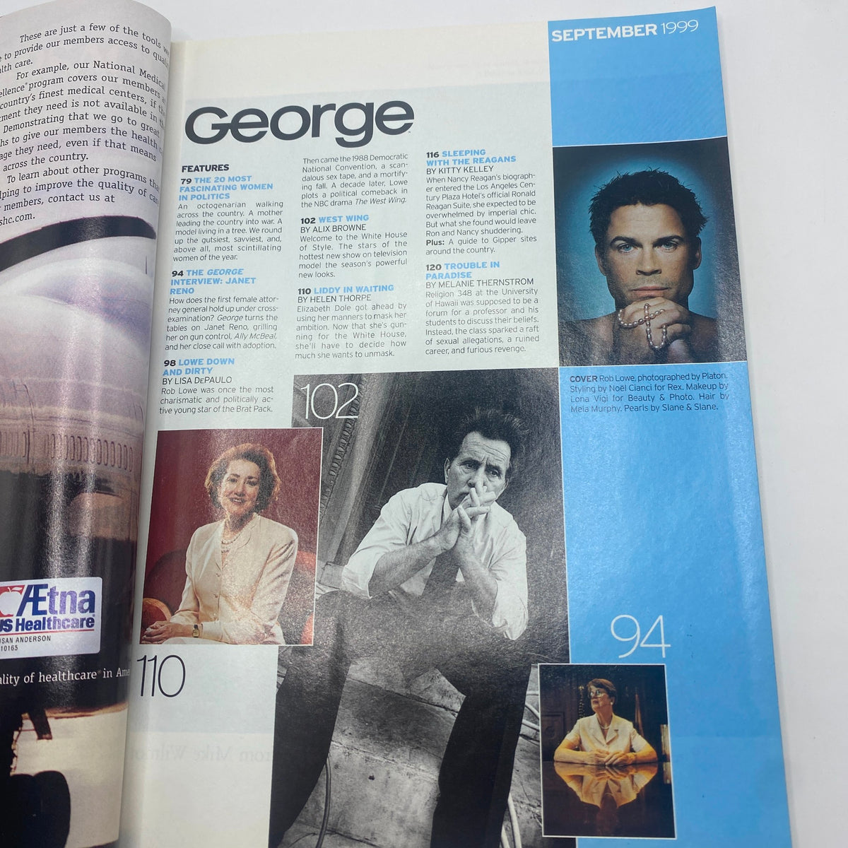 Interior page of George Magazine September 1999 showcasing features, including an article about Rob Lowe and Janet Reno.