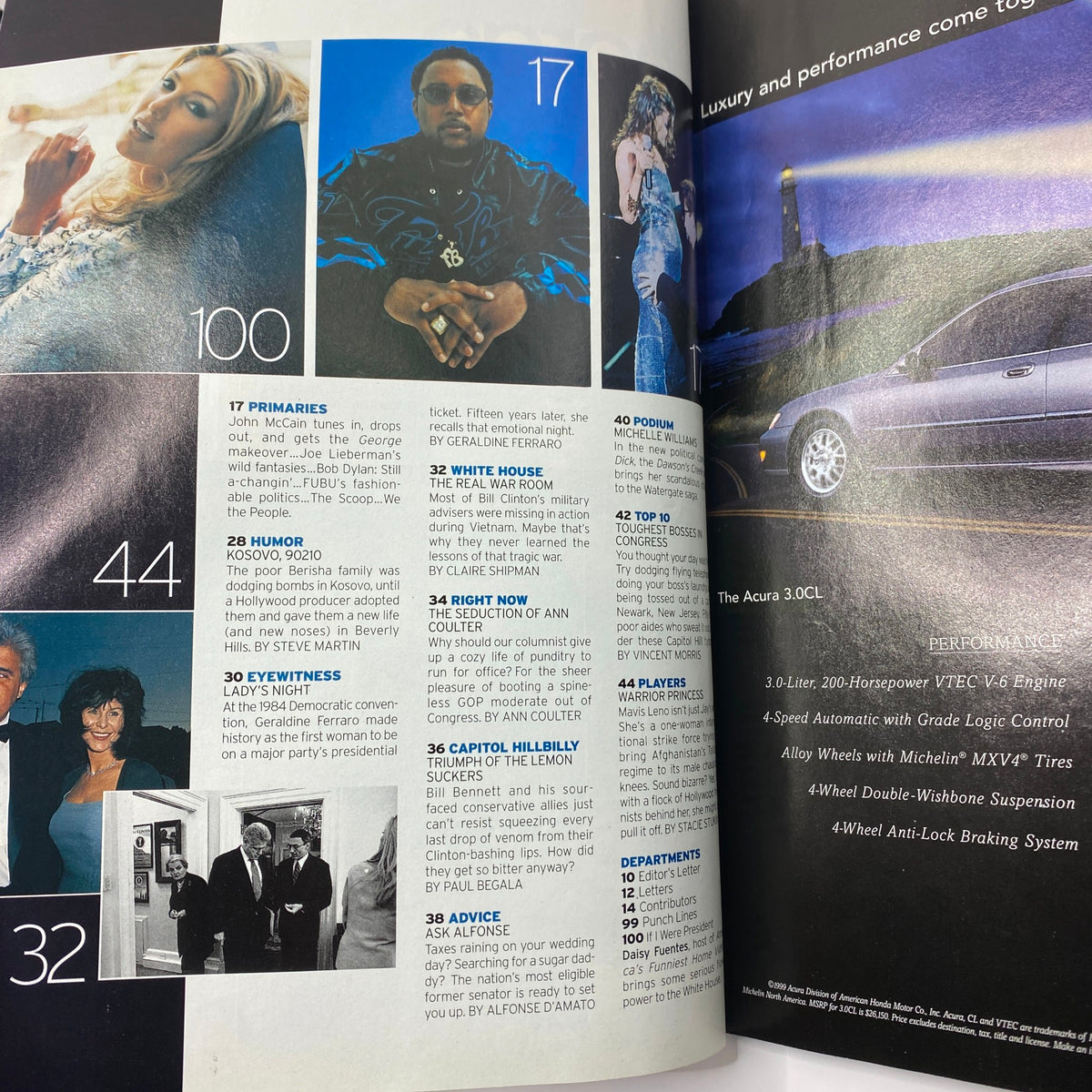 Interior spread from George Magazine July 1999 featuring content on political primaries, culture, and entertainment, with a cover image of Salma Hayek.