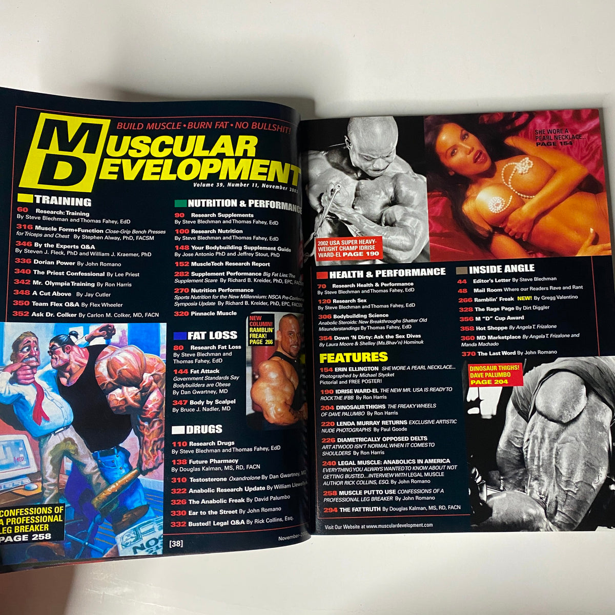 An interior page of Muscular Development Magazine November 2002 illustrating various articles on training, nutrition, and health performance, highlighting Erin Ellington.