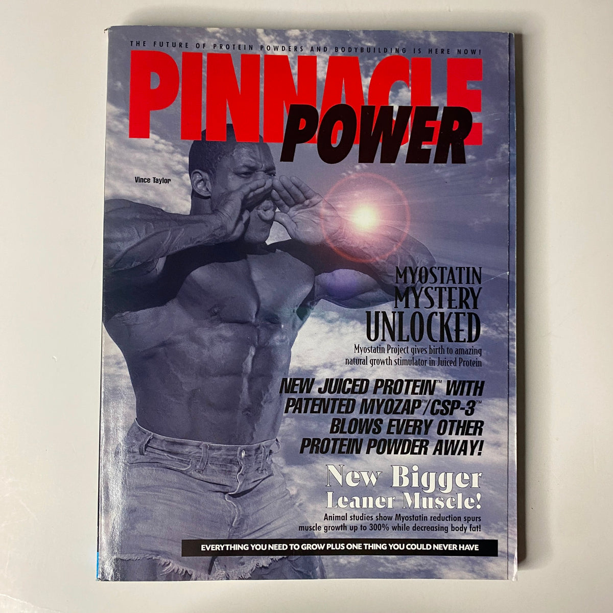 Pinnacle Power magazine cover featuring a muscular man, emphasizing protein supplements in bodybuilding, distinct from Muscular Development Magazine.