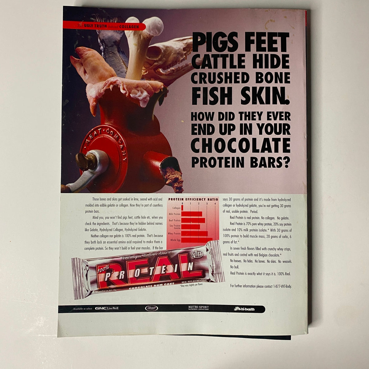 Back page of Muscular Development Magazine December 2002 presenting a quirky advertisement discussing protein sources and ingredients in protein bars.