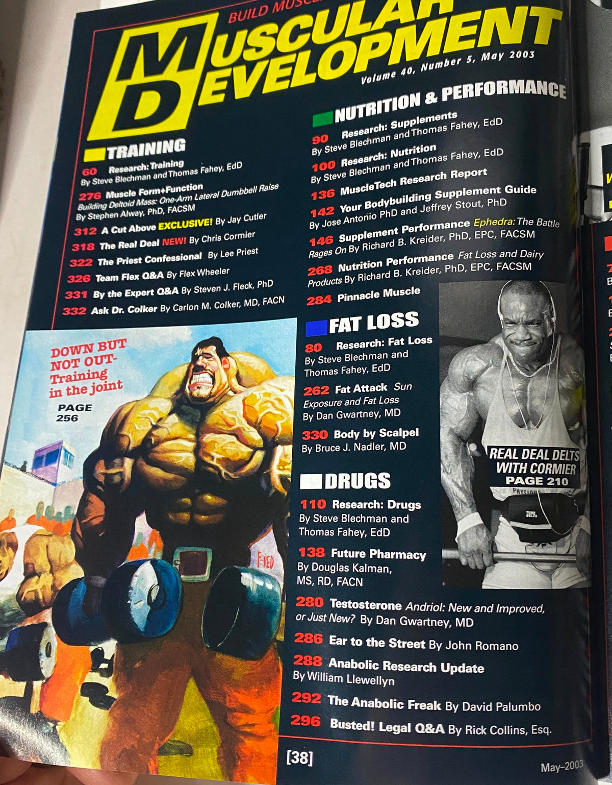 Contents page from Muscular Development Magazine May 2003 showcasing articles on training, nutrition, and performance, including features on fat loss and bodybuilding techniques.