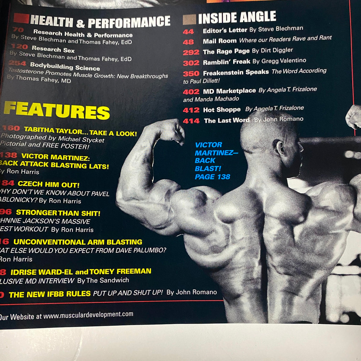 Another inside page from Muscular Development Magazine October 2003 highlighting features on Tabitha Taylor and Victor Martinez's workouts.
