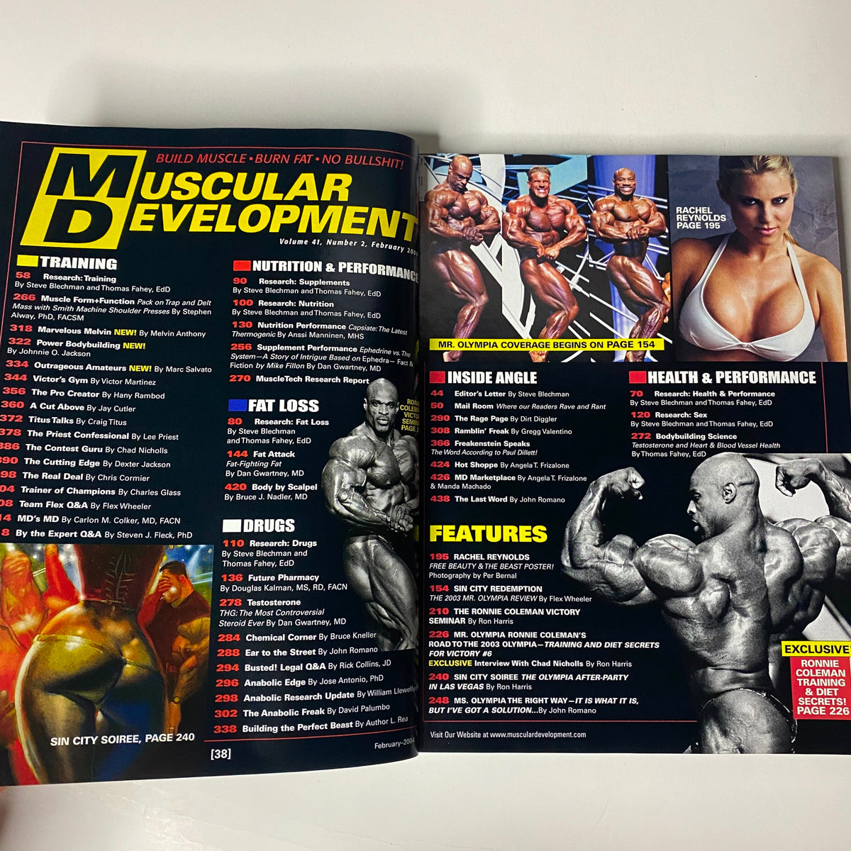 Interior page of Muscular Development Magazine February 2004 showing the table of contents, showcasing features including training, nutrition, and health tips relevant to bodybuilding enthusiasts.