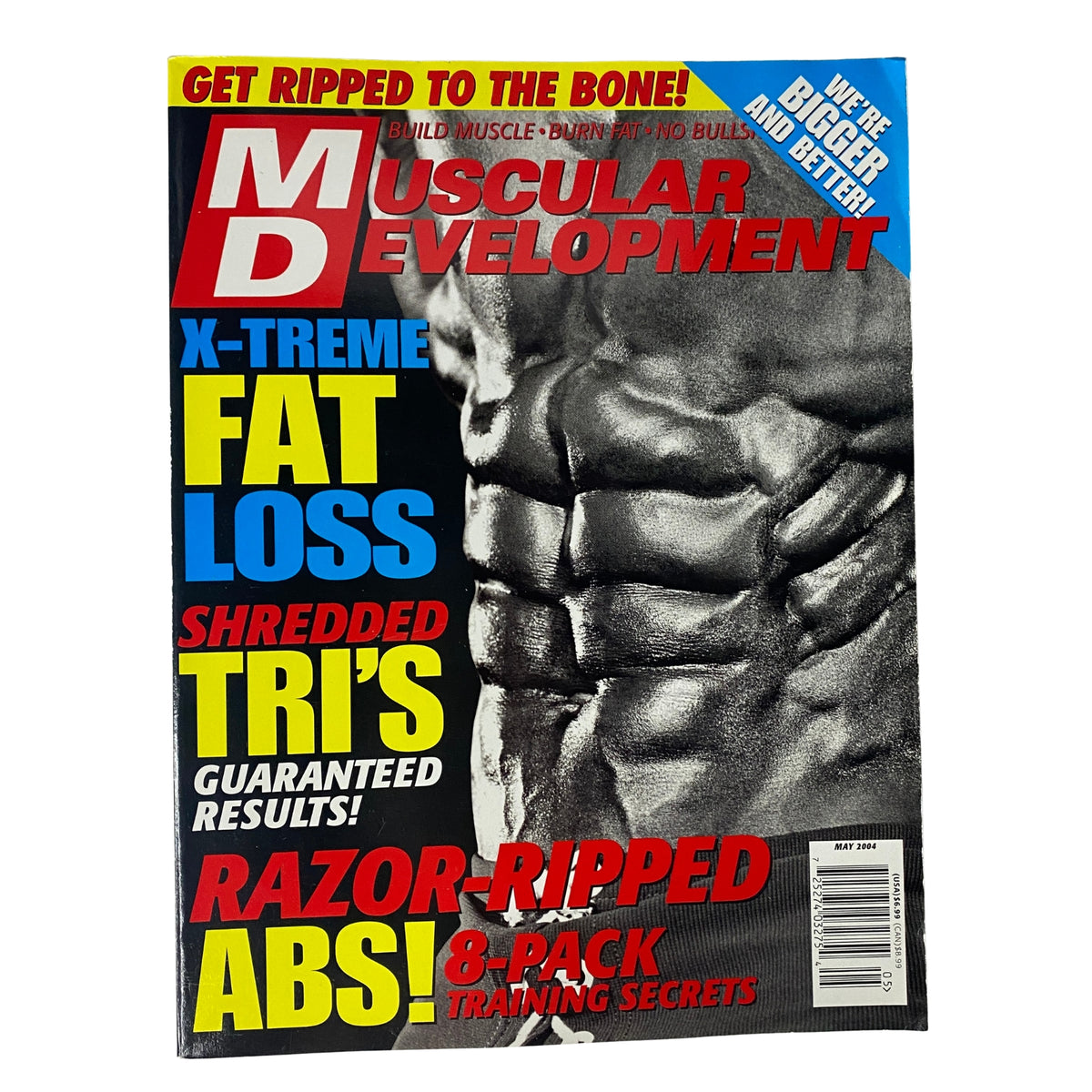 Cover of Muscular Development Magazine May 2004, Vol 41 No. 5 featuring Razor-Ripped Abs and an eight-pack training secrets.