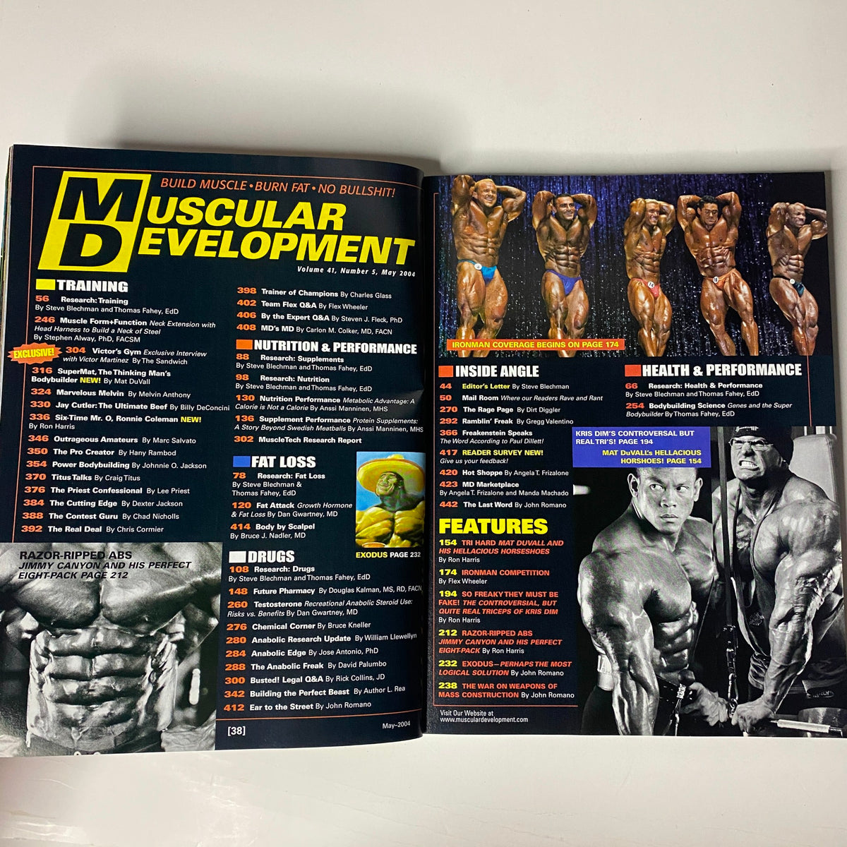 Inside spread of Muscular Development Magazine May 2004, Vol 41 No. 5 highlighting training, nutrition, performance, and bodybuilding features.