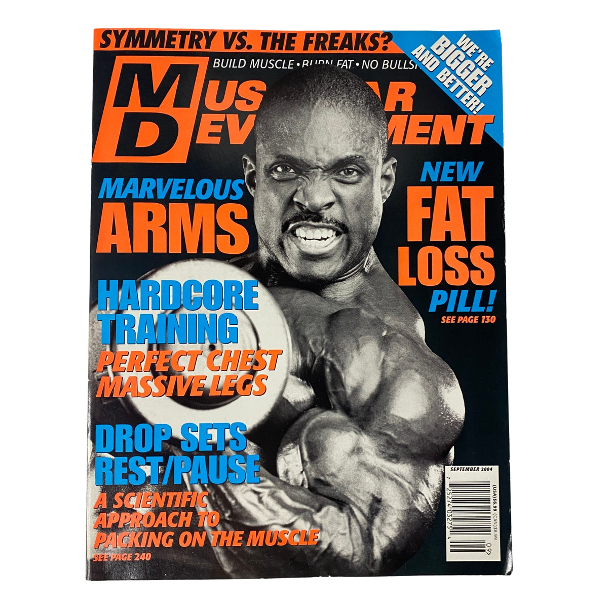 Cover of Muscular Development Magazine September 2004 featuring Melvin Anthony, highlighting topics like hardcore training, fat loss, and bodybuilding insights.