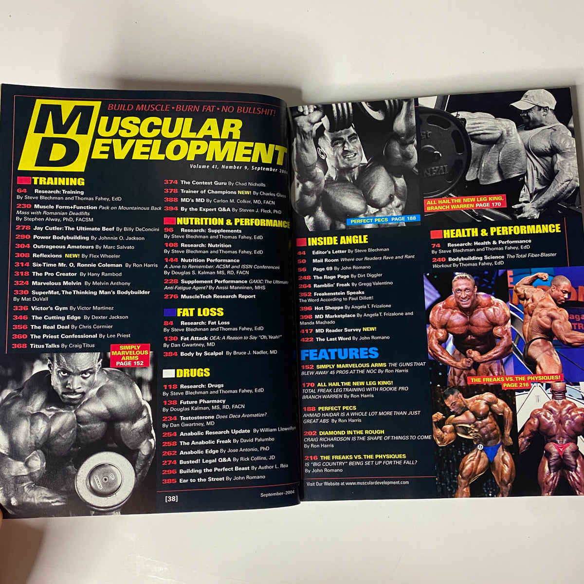Muscular Development Magazine September 2004 Melvin Anthony - Table of Contents featuring sections on training, nutrition, performance, and bodybuilding features.