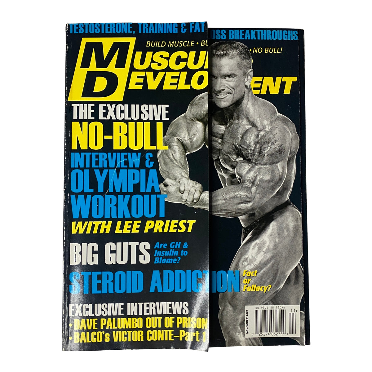 Muscular Development Magazine November 2005 Vol 42 No. 11 featuring Lee Priest on the cover, showcasing bodybuilding content with phrases about interviews and workouts.