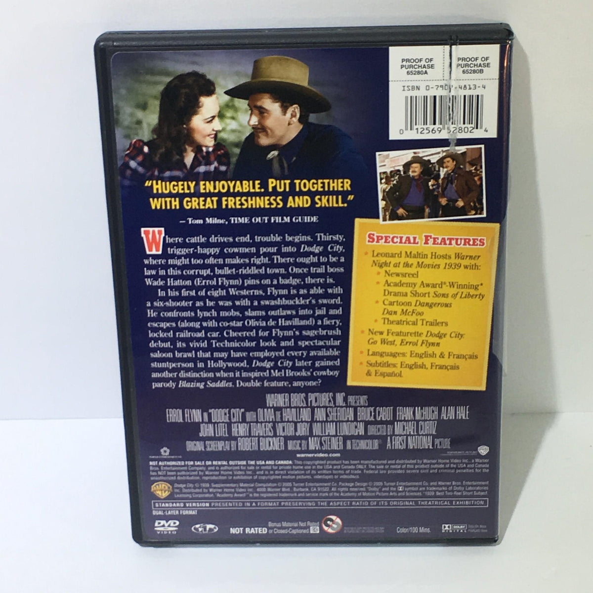 Back cover of the Errol Flynn Dodge City DVD featuring Olivia de Havilland and Ann Sheridan, showcasing a review quote and special features.
