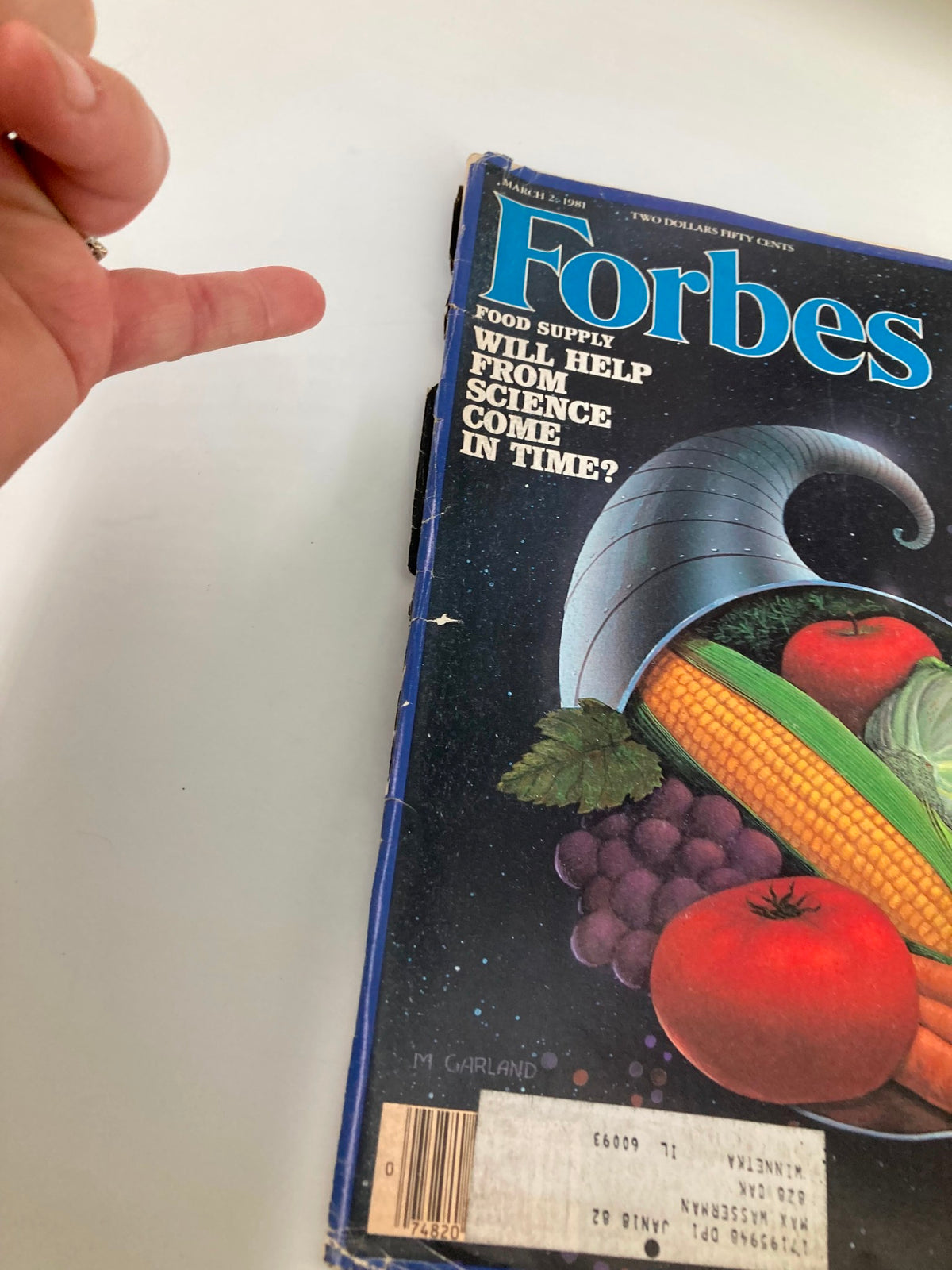 Side view of Forbes Magazine, dated March 2, 1981, showcasing the cover art and the question 'Will Help From Science Come in Time?' along with a partial visual of the spine.