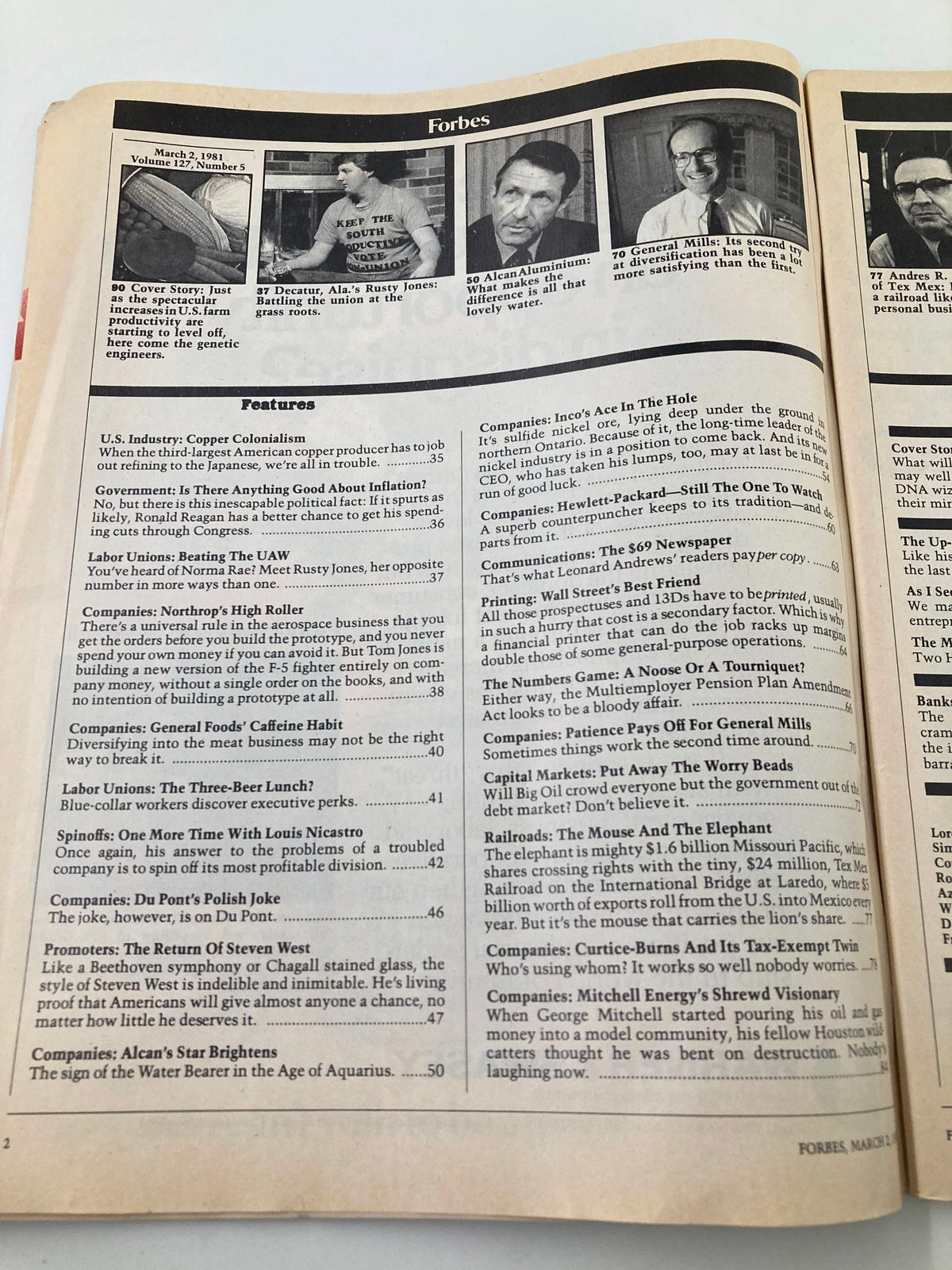 Inside page of the March 2, 1981 issue of Forbes Magazine, displaying the table of contents and featured articles, providing insight into business and science of the era.