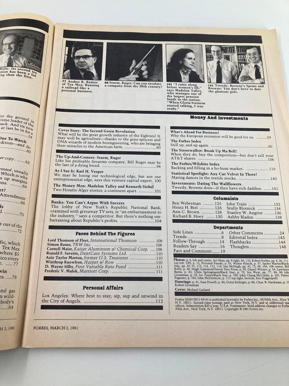 Inside page of VTG Forbes Magazine dated March 2, 1981. Features articles and profiles, including 'Andres R. Ramos of Tex Mex' and discussions on science and business, highlighting the question 'Will Help From Science Come in Time?'.