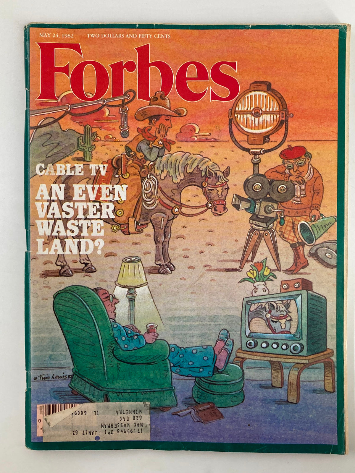 Cover of VTG Forbes Magazine May 24 1982 featuring the title 'Cable TV: An Even Vaster Waste Land?' with an illustration depicting cowboys and a television viewer in a living room.