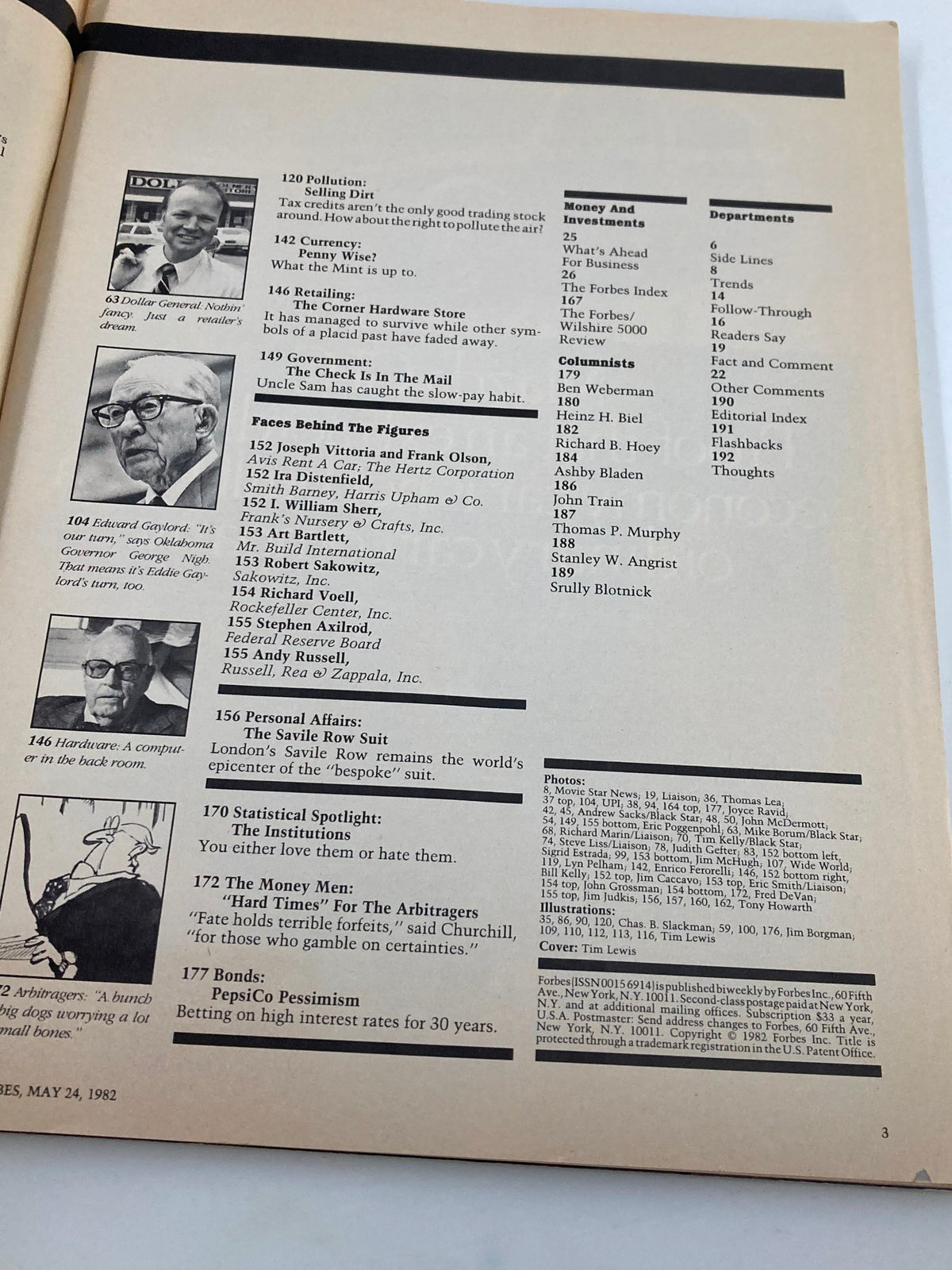Page from the VTG Forbes Magazine May 24 1982 featuring articles on pollution, currency, retailing, and notable figures including Edward Gaylord, along with categorized sections like Money and Investments and Departments.