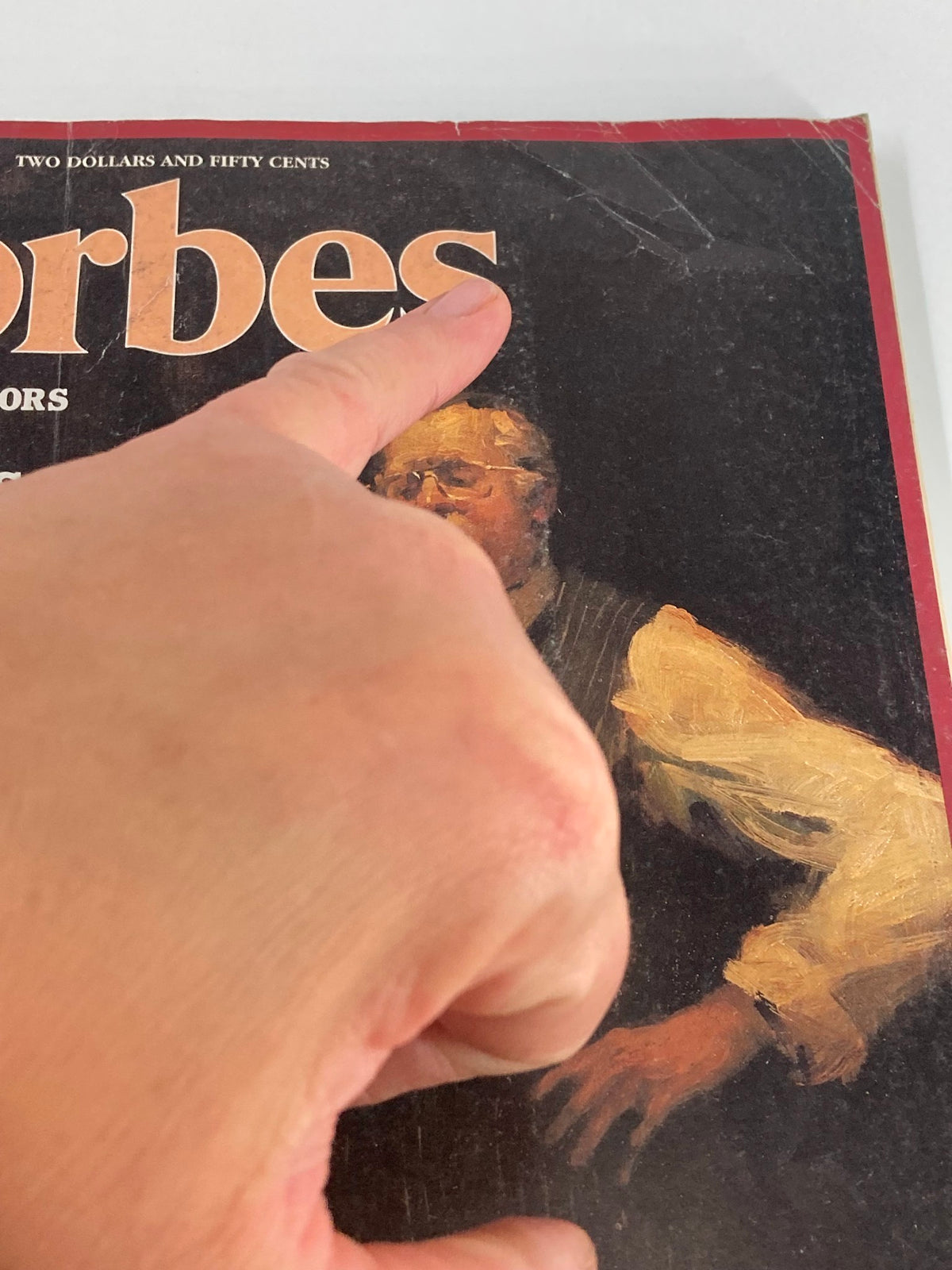 Close-up of the Forbes Magazine title on the cover of the VTG issue from September 27, 1982, highlighting the featured articles about Roger Smith and Alfred P. Sloan.