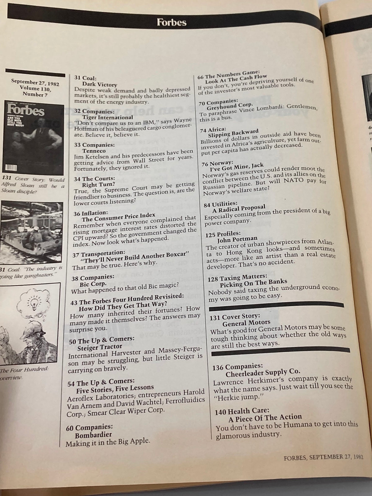 Interior page of VTG Forbes Magazine September 27, 1982, detailing articles and features, including a mention of General Motors and corporate strategies.