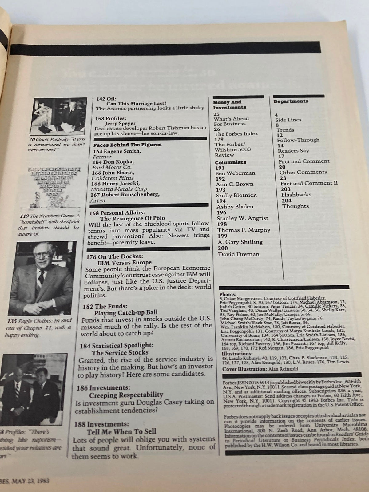 Another page from VTG Forbes Magazine May 23, 1983, containing listings of articles and profiles, reflecting key economic discussions of the era.