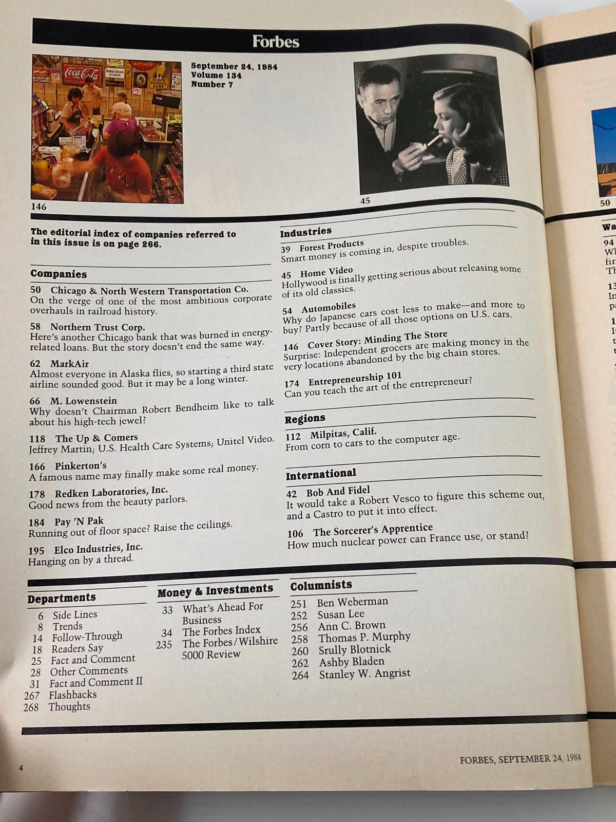 Interior page of VTG Forbes Magazine September 24, 1984, featuring the editorial index and highlights of companies, industries, and departments from this vintage issue.