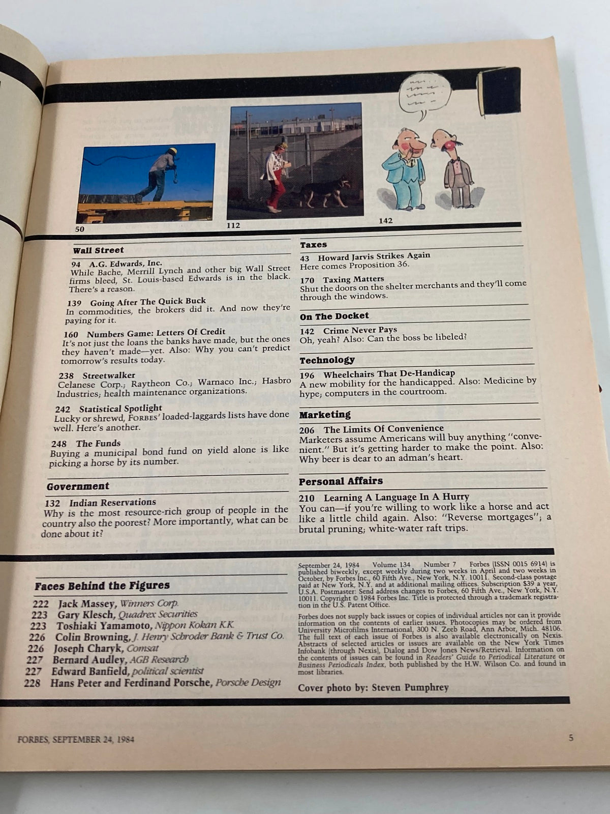 Another interior page of VTG Forbes Magazine September 24, 1984, showcasing various articles and sections including Wall Street, Taxes, and Marketing, as well as illustrations pertinent to that era.