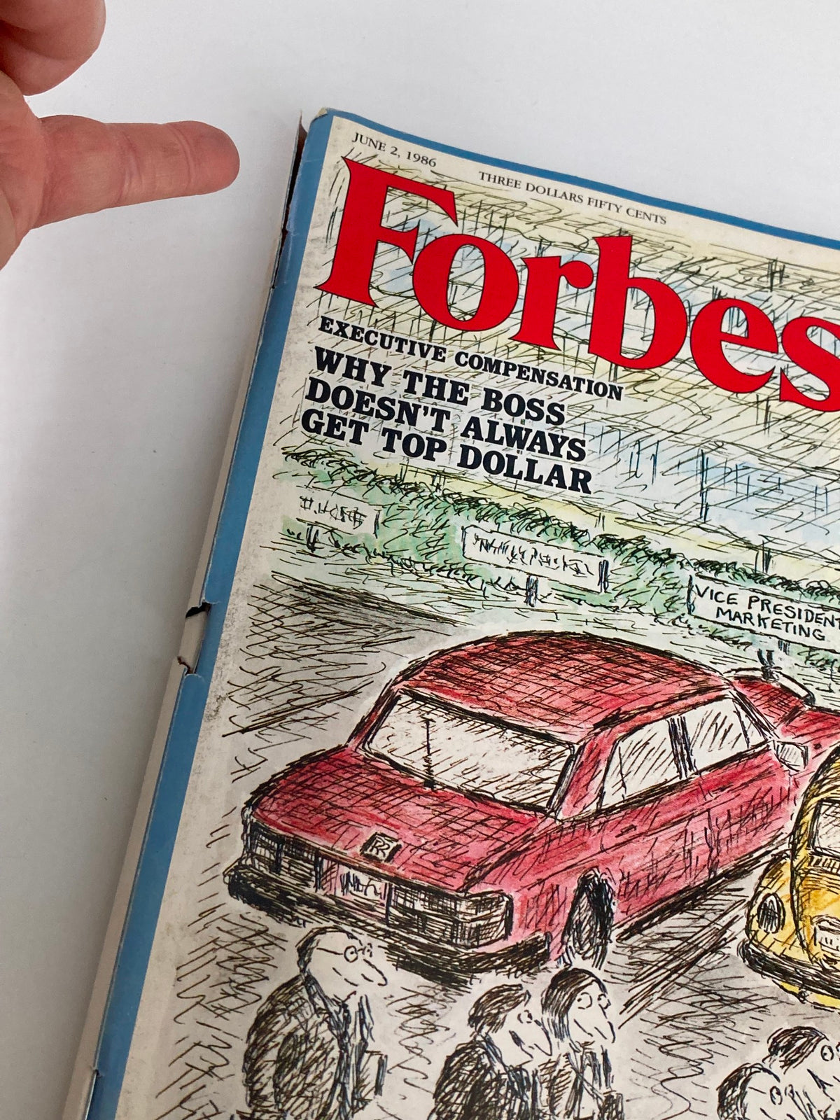 Cover of VTG Forbes Magazine June 2 1986 featuring the headline 'Why The Boss Doesn't Always Get Top Dollar' and an illustration depicting events in the corporate world.