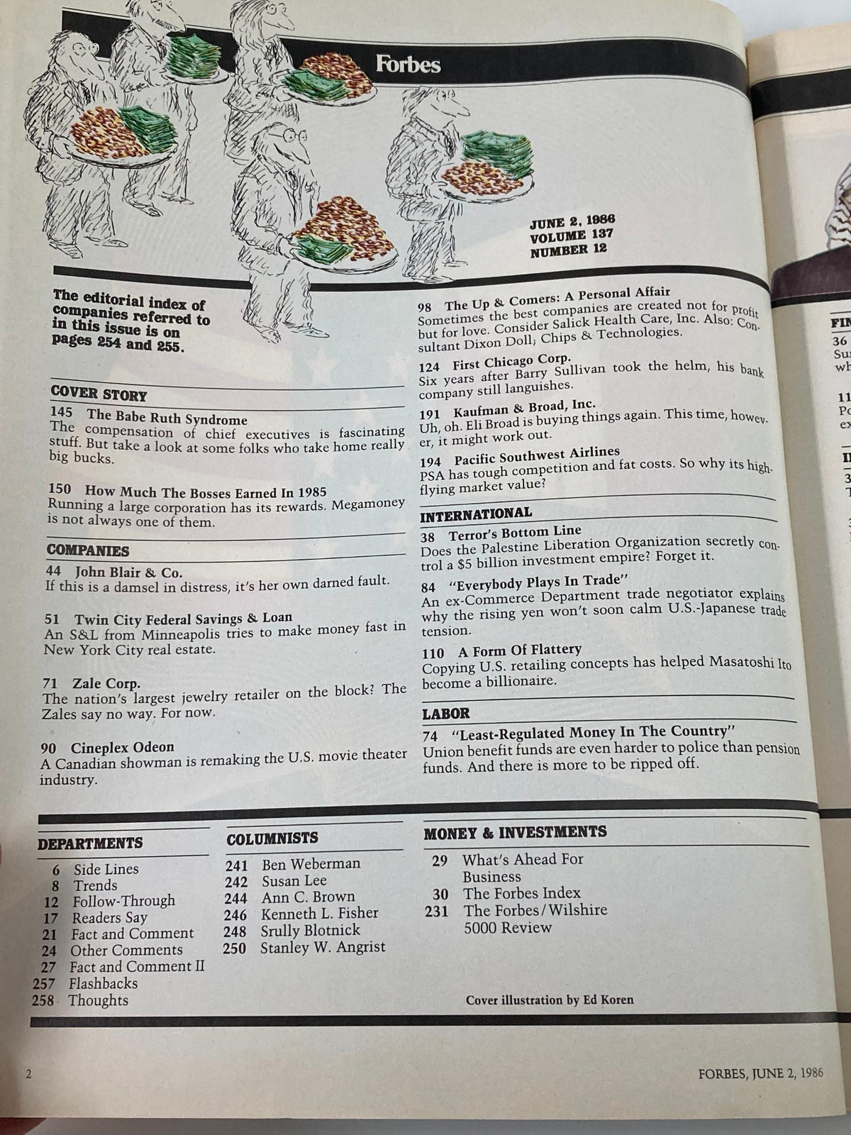 Inside page of VTG Forbes Magazine June 2 1986 showing the editorial index, cover story summaries, and notable companies featured in the issue.