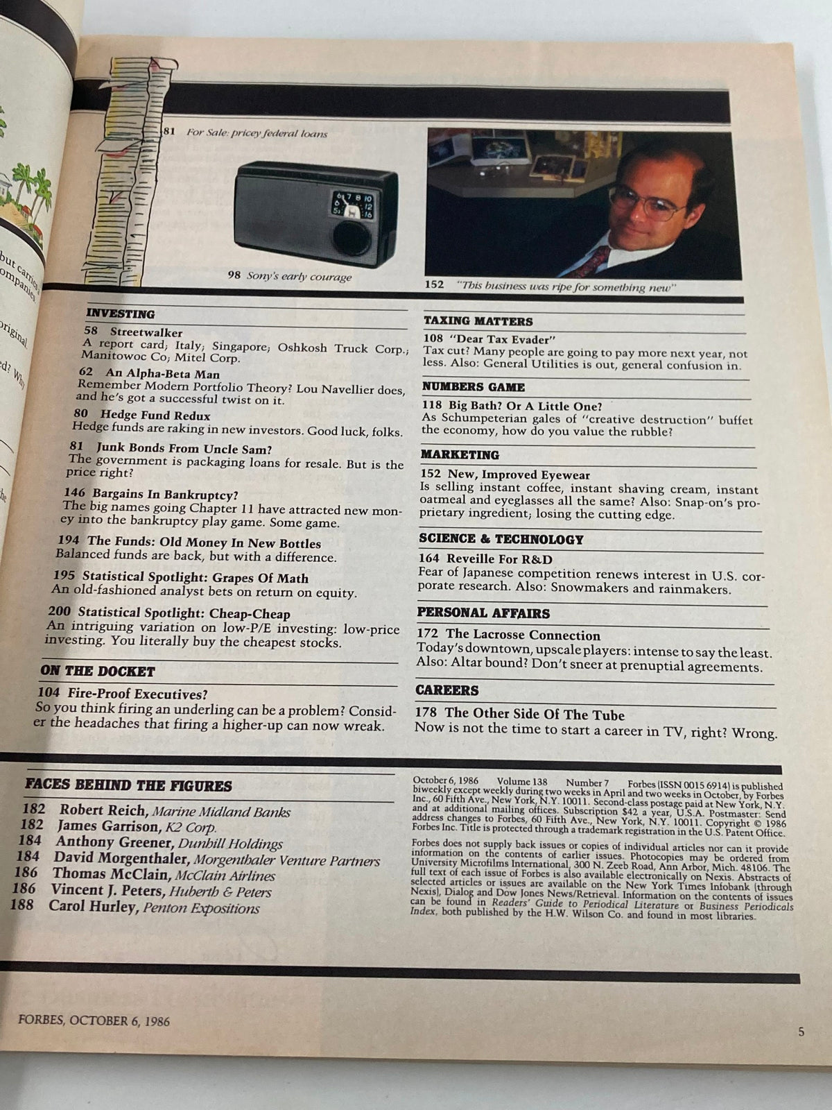 Interior page from Forbes Magazine October 6, 1986 featuring articles on investing, marketing, and personal affairs, along with a summary of magazine contents including notable names and topics discussed like 'It's Time To Take Risks' by John Bookout.